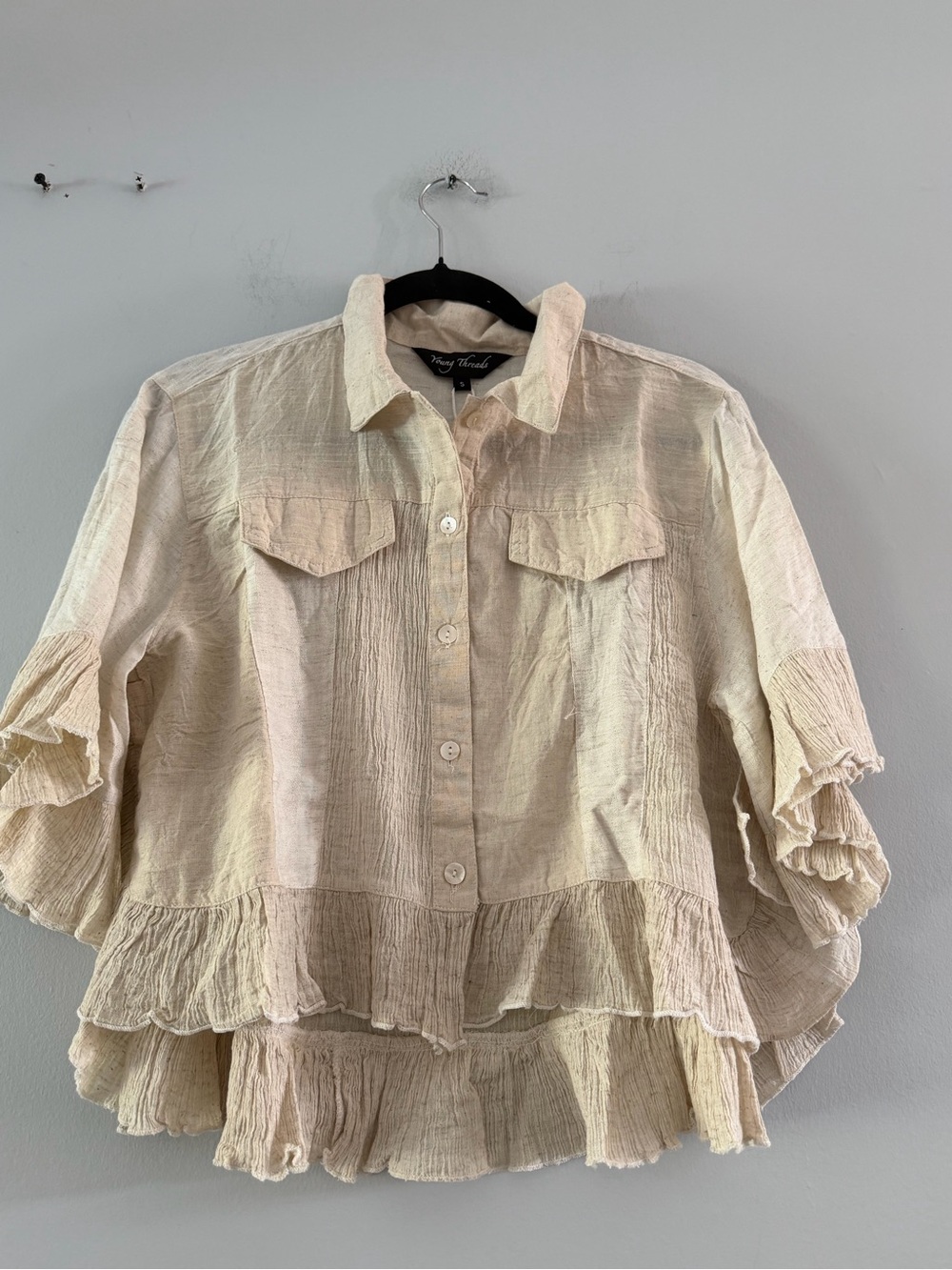 Young Thread Natural Ruffle-Hem Button-Up Shacket - Picture 6 of 7